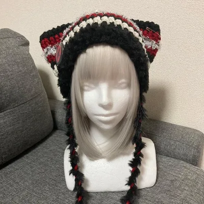 猫耳ニット帽 ネコ耳 ハンドメイド ブラック レッド ファー