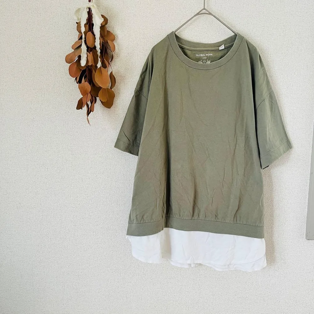 グローバルワーク 半袖 Tシャツ カットソー オリーブ L 重ね着 ゆったり