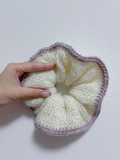 ハンドメイド シュシュ ニット フリル 棒針編み