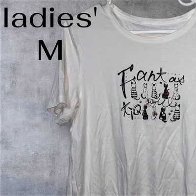 猫イラスト ホワイトTシャツ 半袖シャツ カットソー 夏服 古着