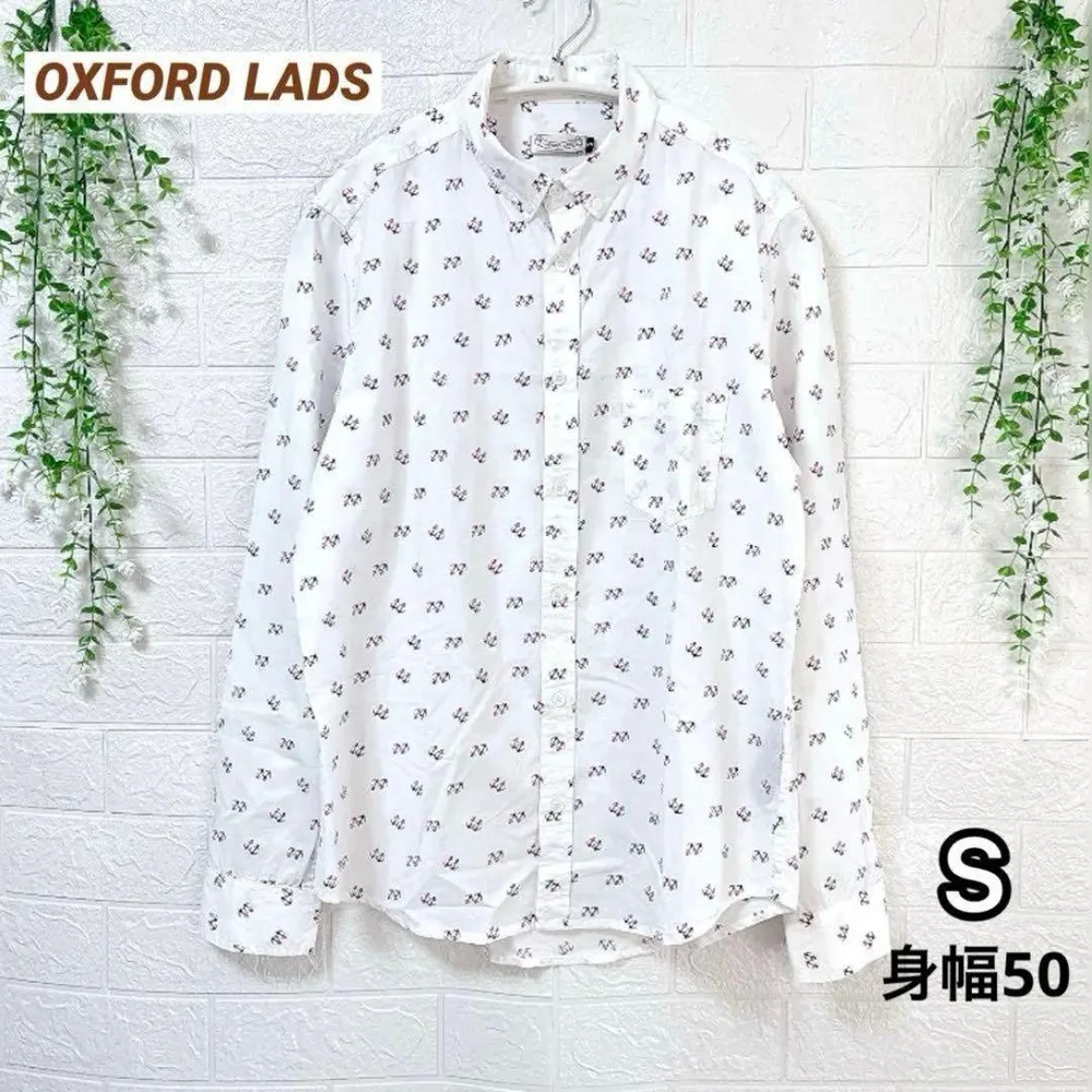 OXFORD LADS アンカー総柄シャツ S メンズ 白 長袖 マリン ゴルフ