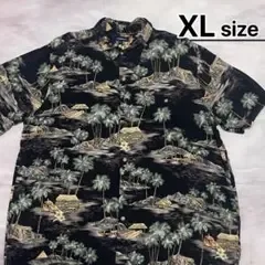 USA古着 アロハシャツ XL ハワイアン ブラック ヤシの木 総柄 レーヨン