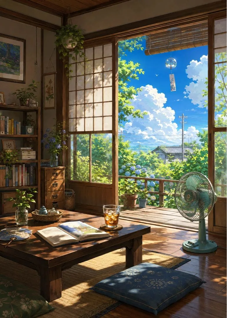 【イラスト】夏の和室と入道雲 風景画 2L判