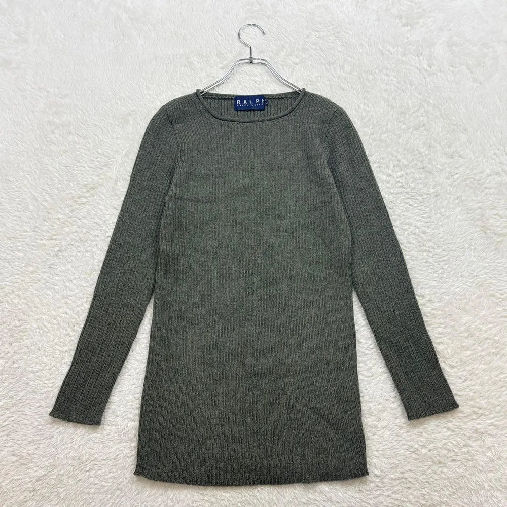 ✨ラルフローレン【L】緑系 長袖リブニット 毛100% 厚手 ストレッチ 秋冬