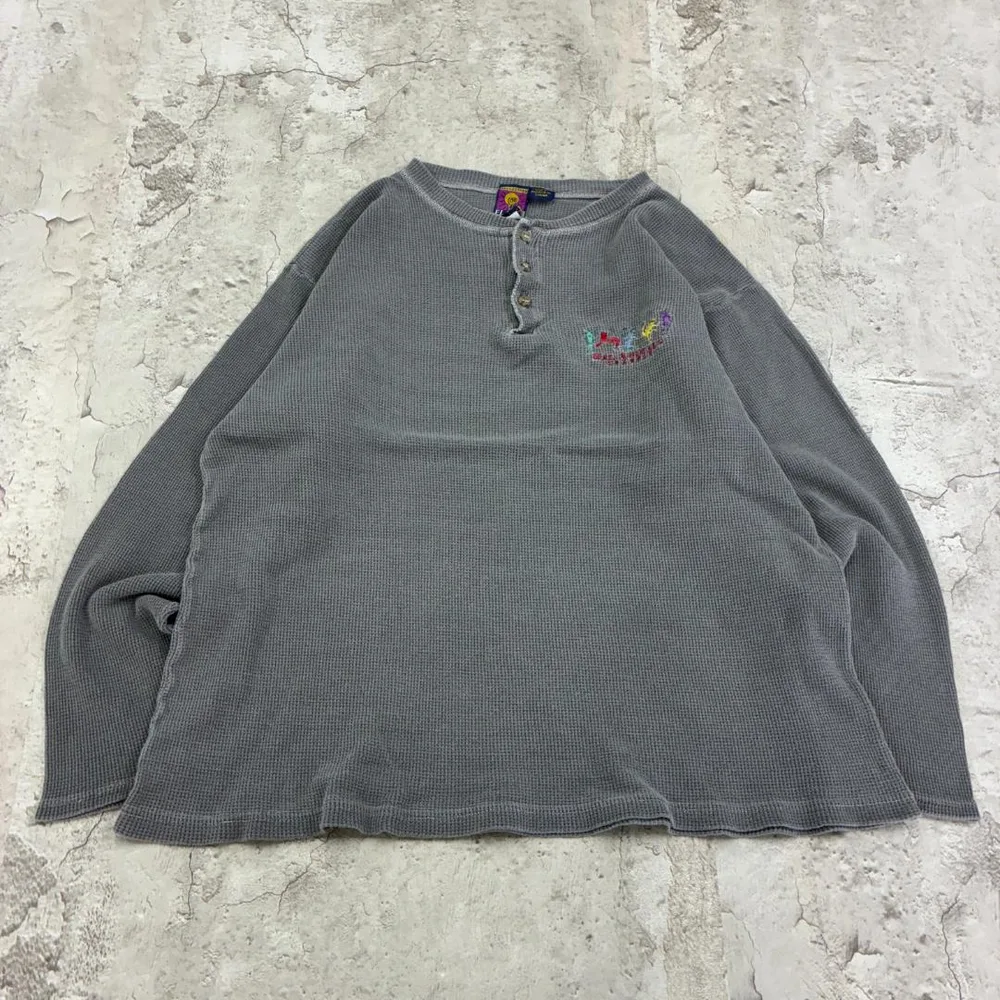 FLASH ヘンリーネック XL グレー 刺繍 古着 長袖Tシャツ サーマル