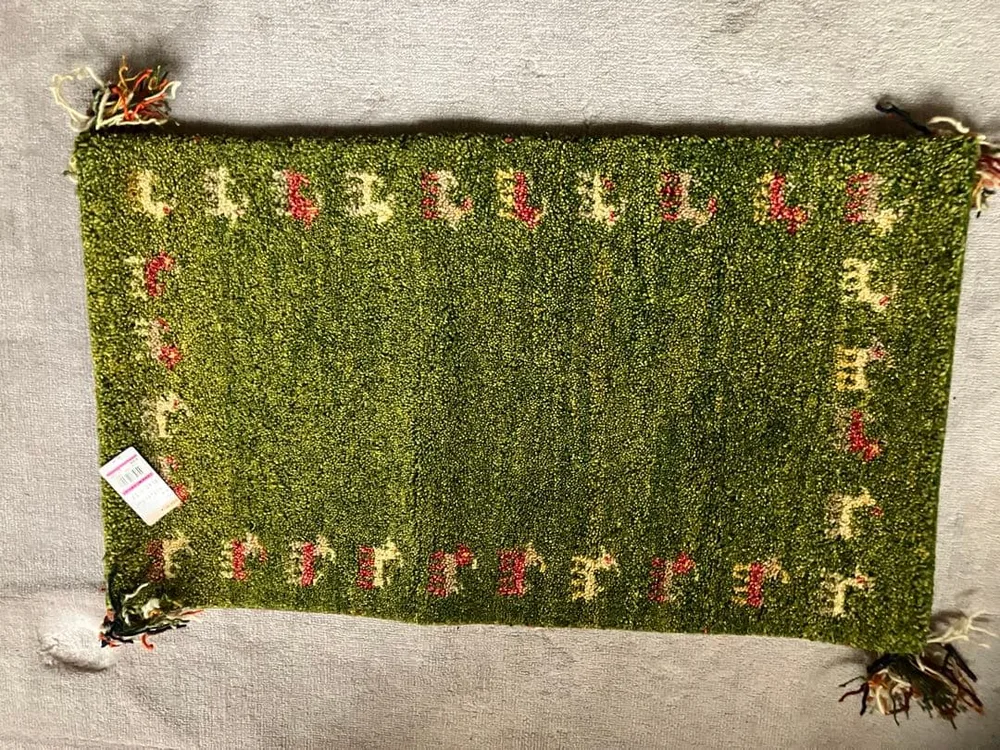 新品 高級インディアンキャブ 手織りラグ 約45×75cm グリーン