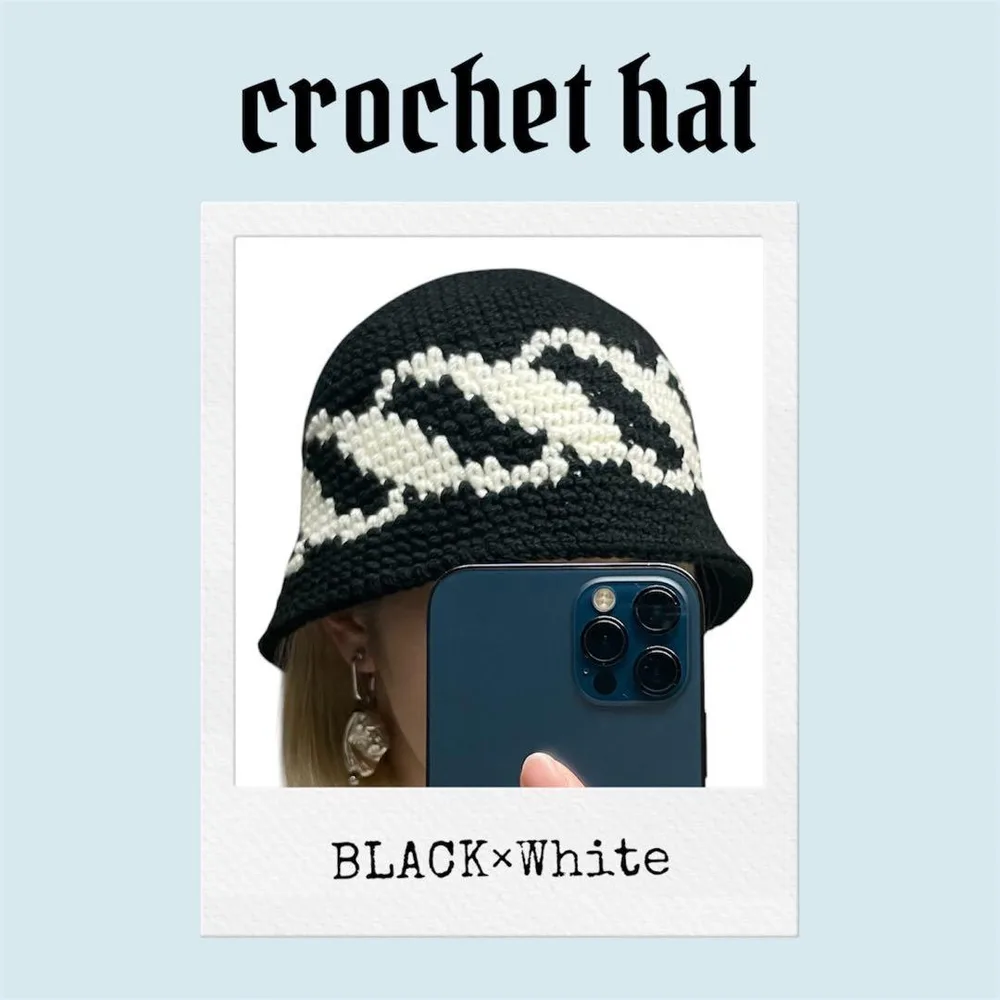 クロシェハット ブラック×ホワイト ハンドメイド
