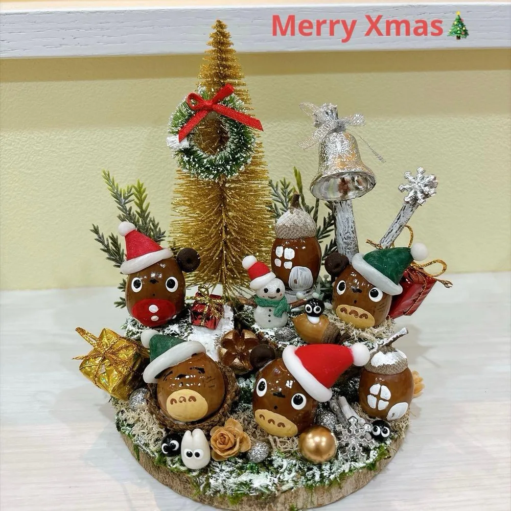 どんぐりアート クリスマス オブジェ 丸太 ツリー 木の実
