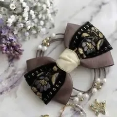 ꕤ大人可愛いꕤインド刺繍リボン ヘアゴム ブラウン系