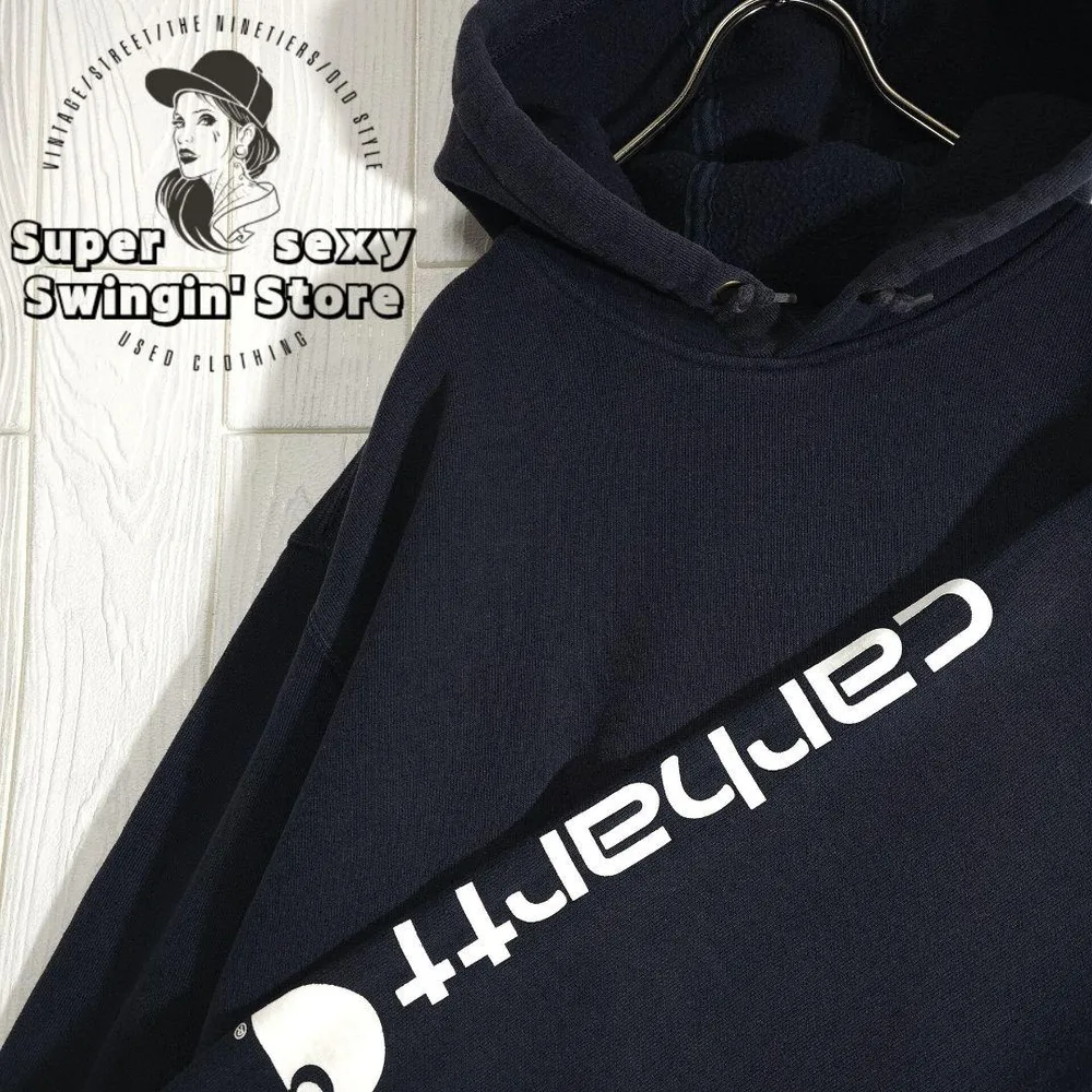 人気 カーハート Carhartt スウェットパーカー XL ネイビー 古着