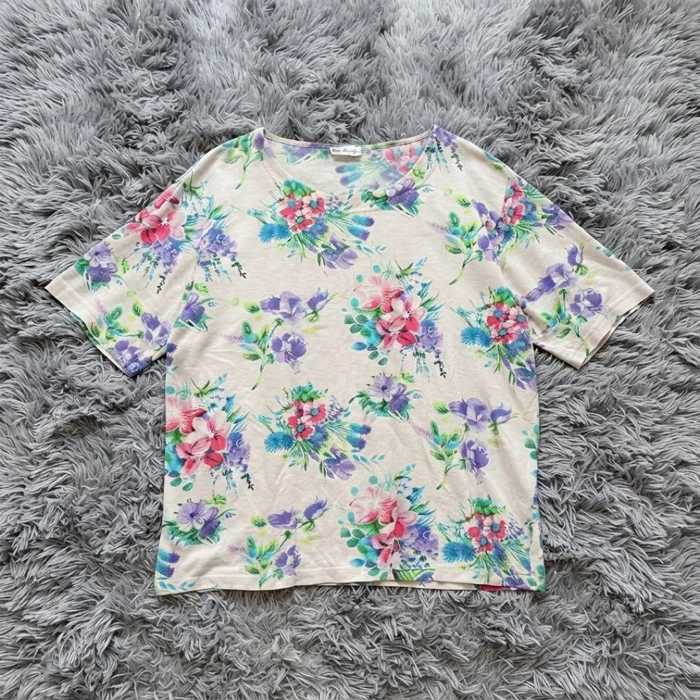 花柄半袖Tシャツ 涼感 夏物 ボタニカル マルチカラー ゆったり 総柄 マダム