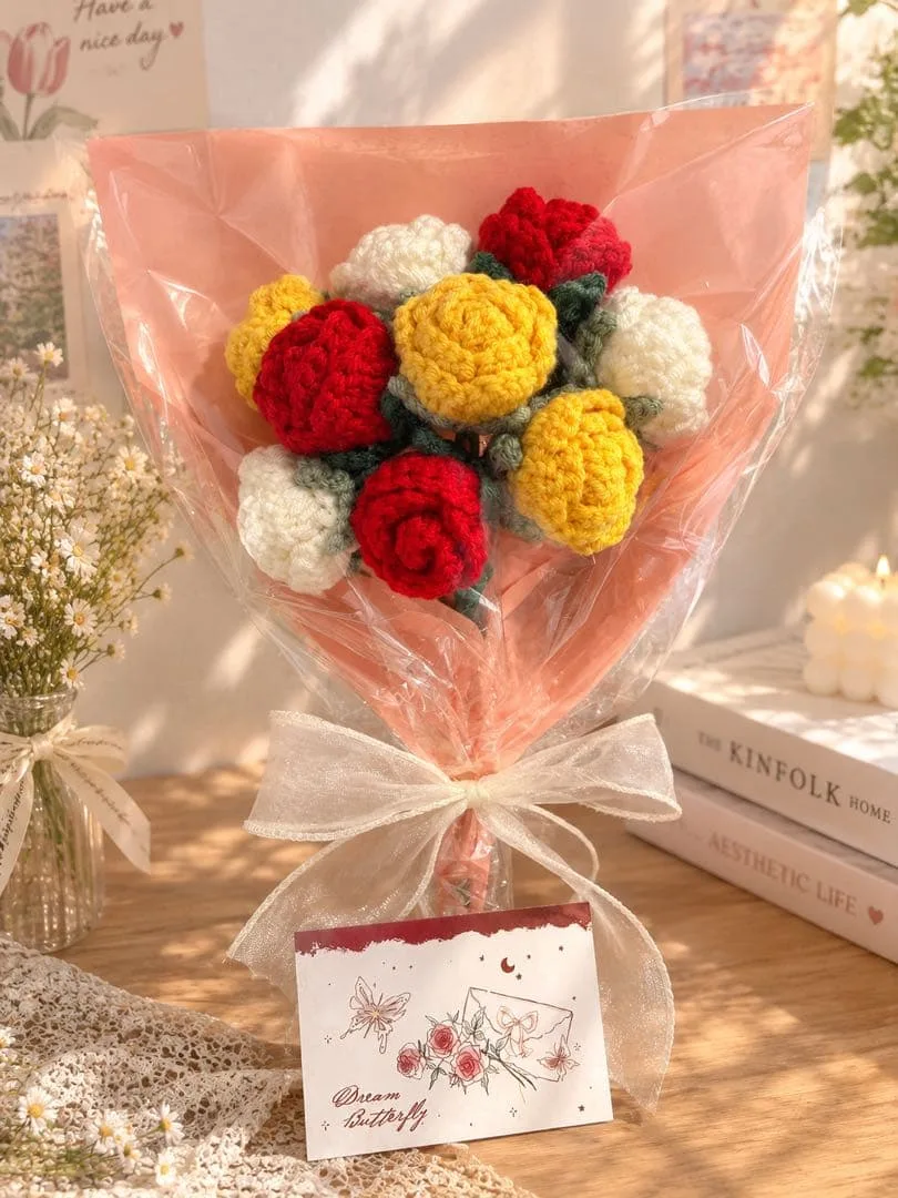 メッセージカード付き ハンドメイド 毛糸の花束 バラ 枯れない花 プレゼント