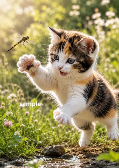 三毛猫とトンボ デジタルアート A4