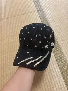 レディース キャップ ブラック ラインストーン&フラワーモチーフ付き キャップ