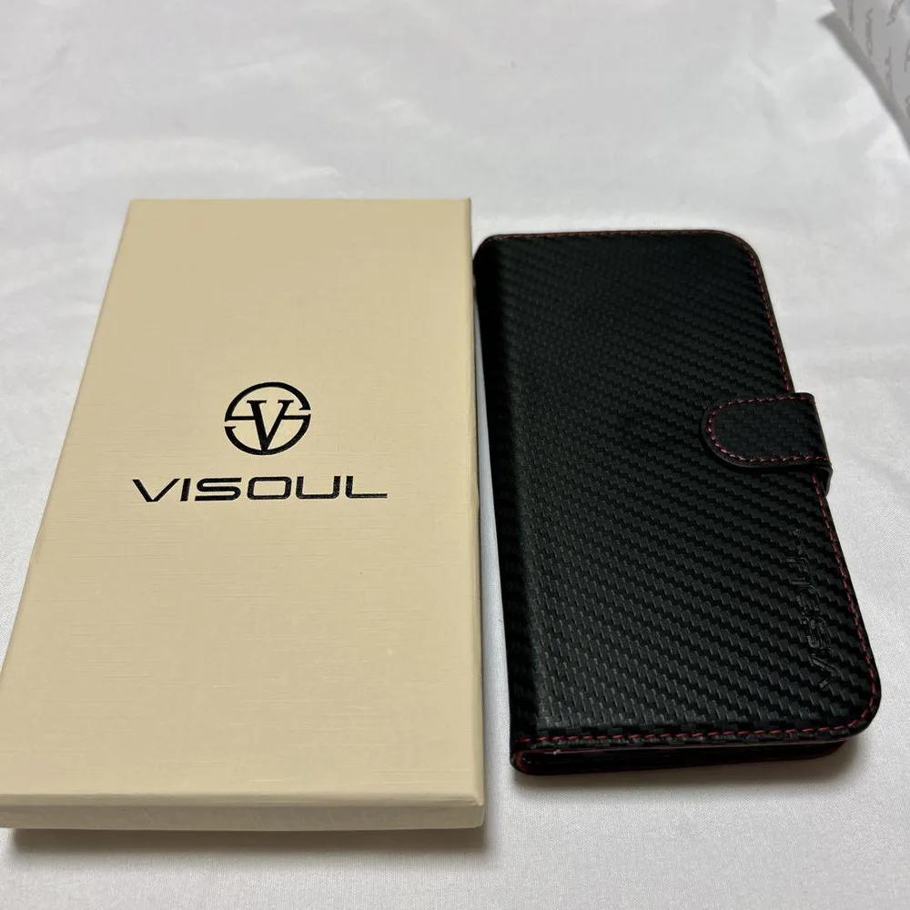 iPhone16 VISOUL 手帳型ケース カーボン調 ブラックレッドステッチ