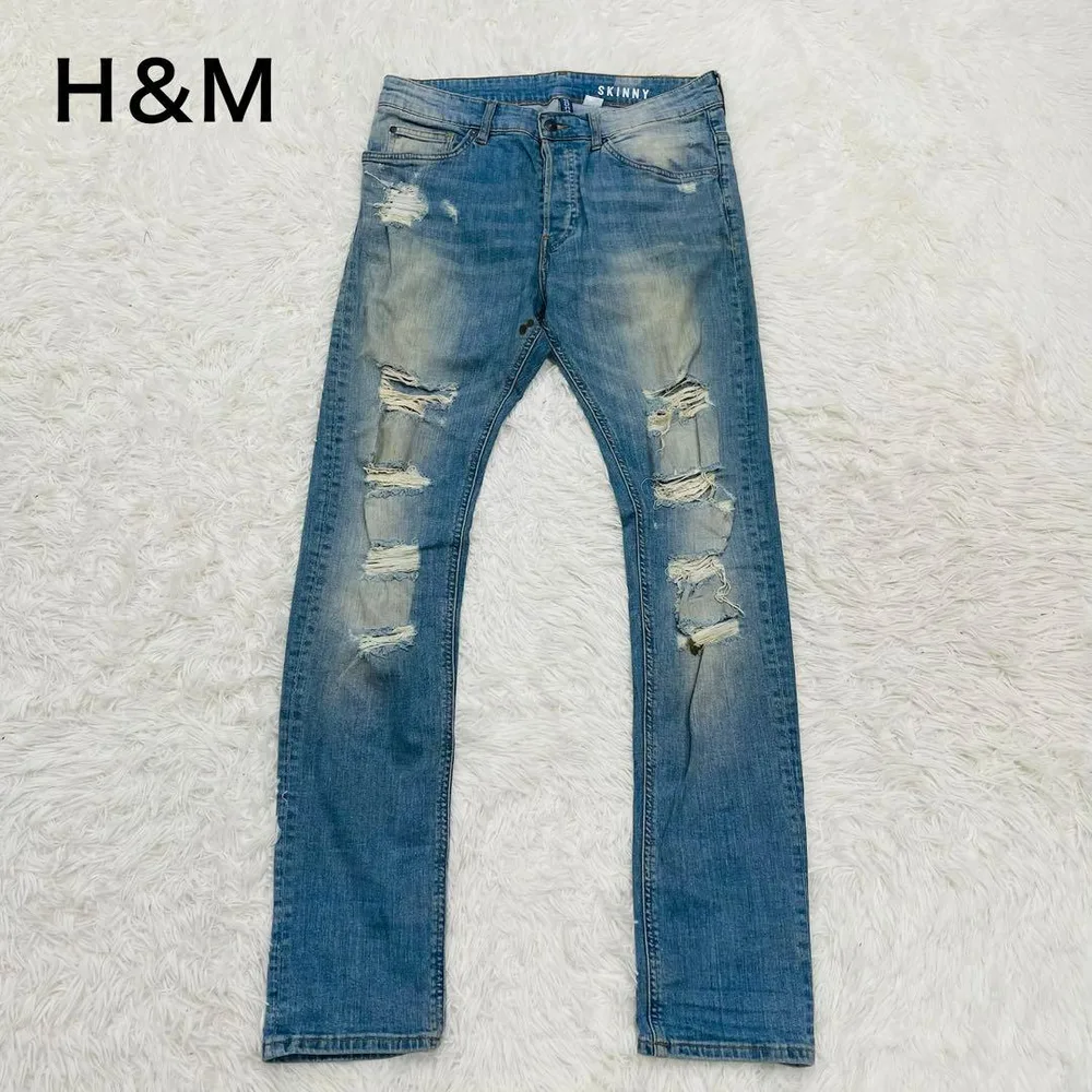 エイチアンドエム H&M スキニーデニム ライトブルー ダメージ加工 32インチ