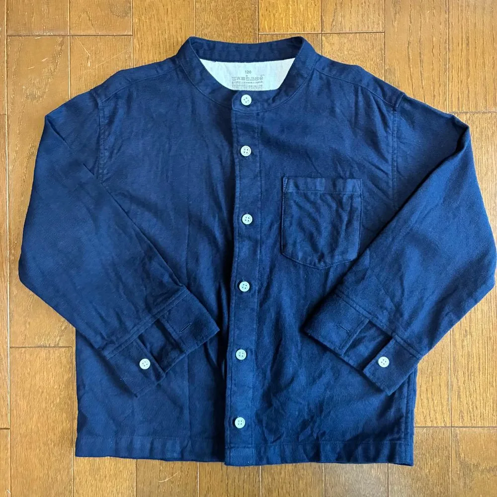 無印良品 120cm キッズ スタンドカラーシャツ ネイビー 長袖 七分袖