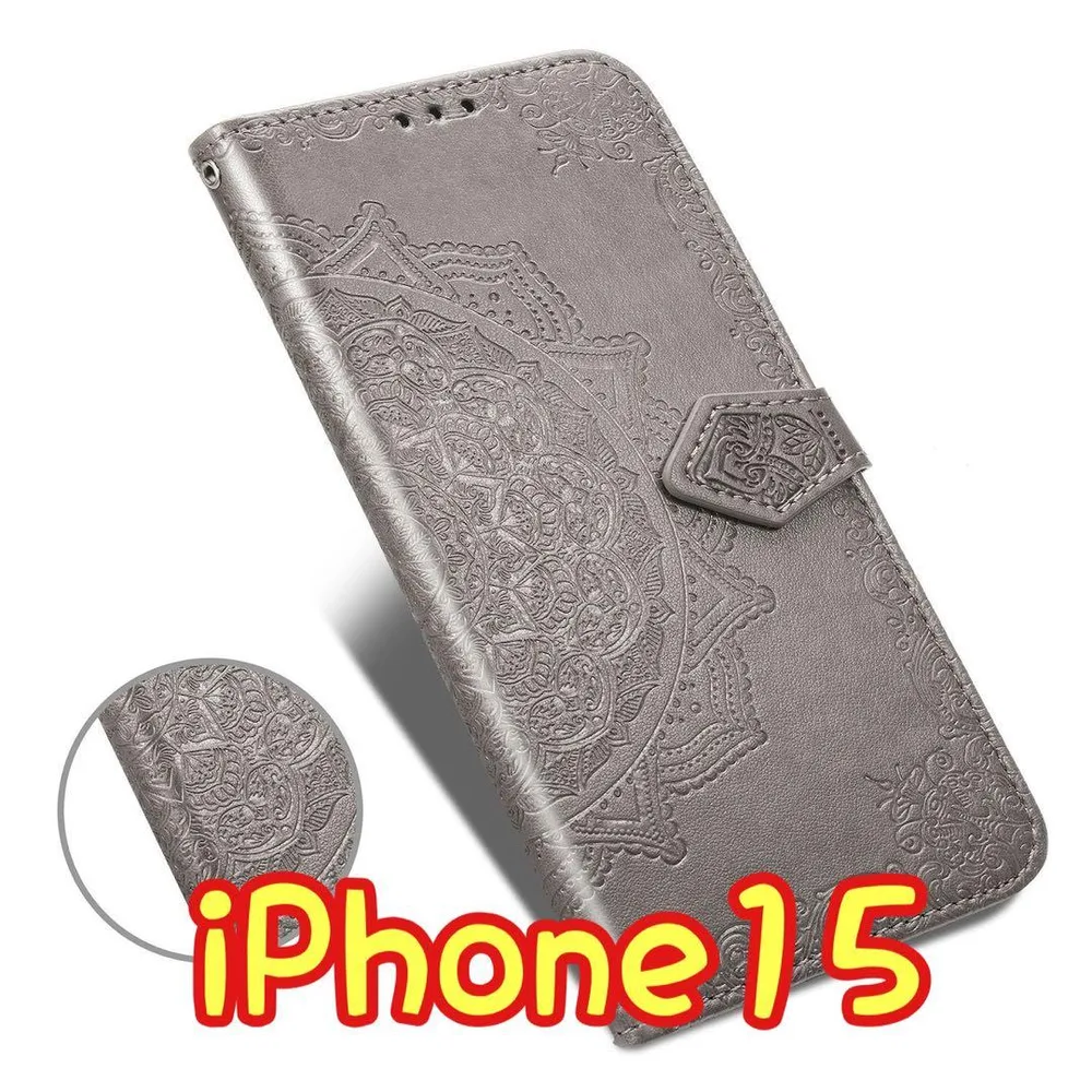 エンボス加工スマホケース 手帳型 iPhone15 グレー ⑤