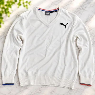 PUMA プーマ Vネック ニット セーター L 白 日本製