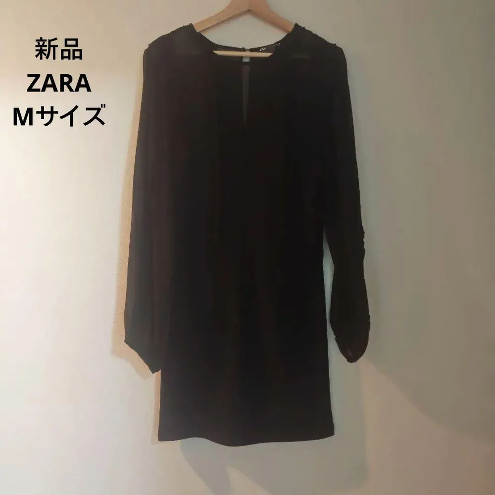 新品 ZARA ブラック シアー 長袖 ワンピース M