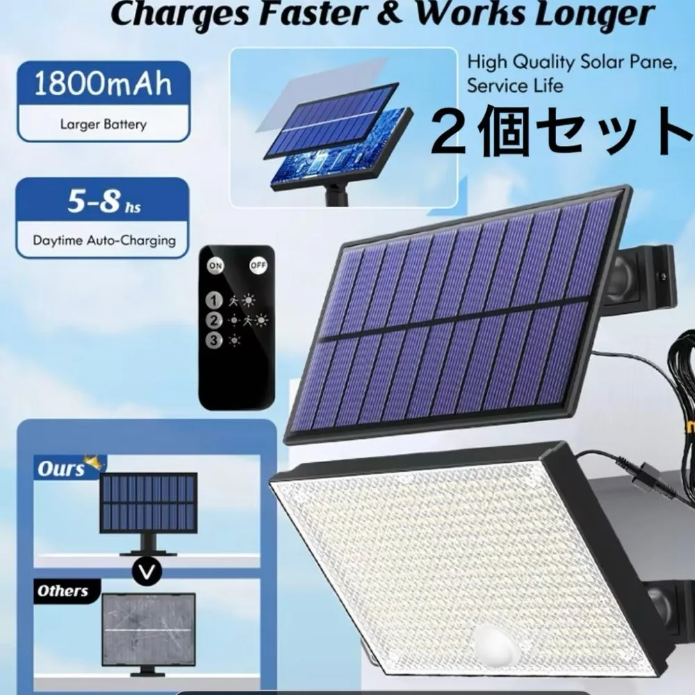 2個セット400LED ソーラー式 人感センサーライト リモコン付 防犯防災