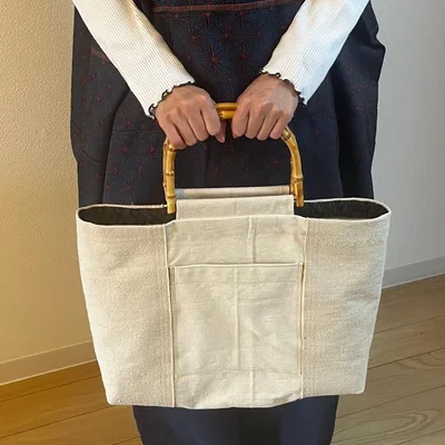 着物帯芯リメイク 竹の持ち手 トートバッグ ハンドメイド