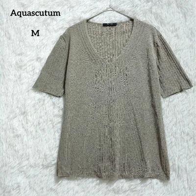 Aquascutum ผ้าถักคอวีลายนูน สีน้ำตาล M Cotton Linen Short Sleeve