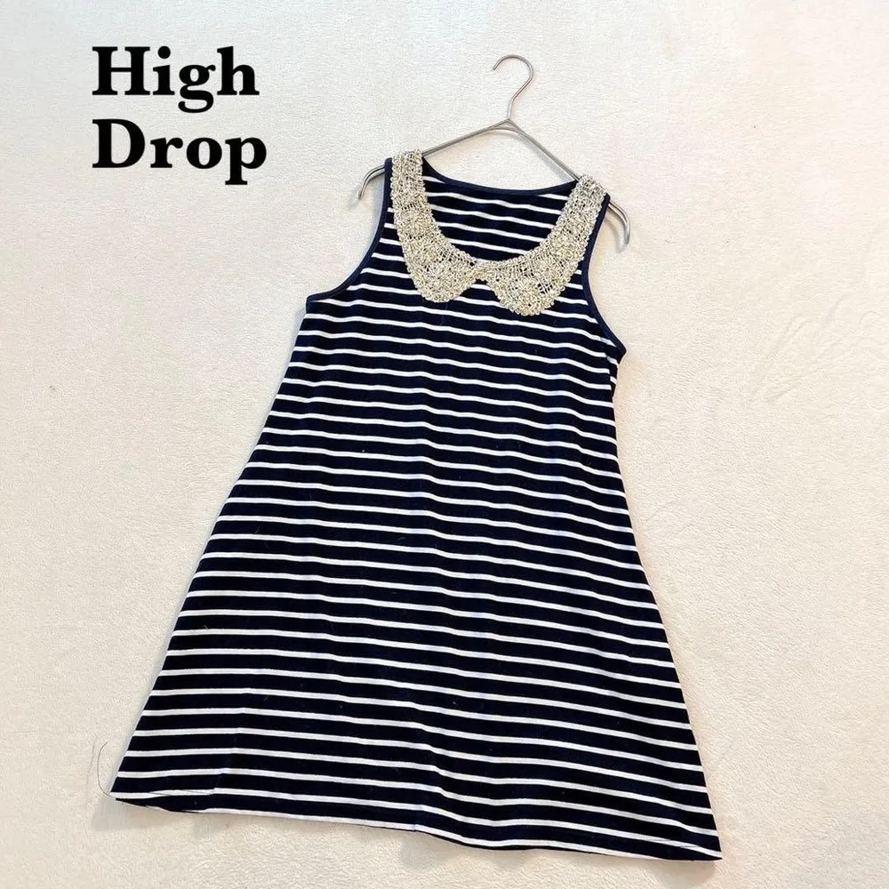 High Drop ボーダーチュニック スパンコール レース襟 ノースリーブ M