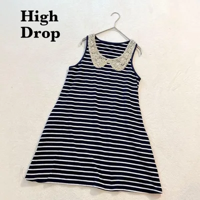 High Drop ボーダーチュニック スパンコール レース襟 ノースリーブ M