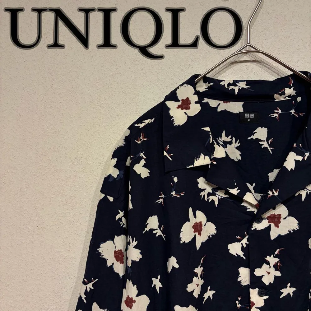 【美品】UNIQLO 花柄 総柄 デザイン オープンカラー シャツ レーヨン 紺