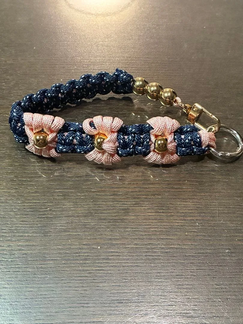 ハンドメイド パラコード ストラップ ネイビー ピンク リボン