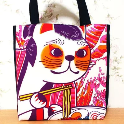 和柄大きめトートバッグ 猫歌舞伎 浮世絵 鳥居 桜 にゃんこ ネコ 歌舞伎役者