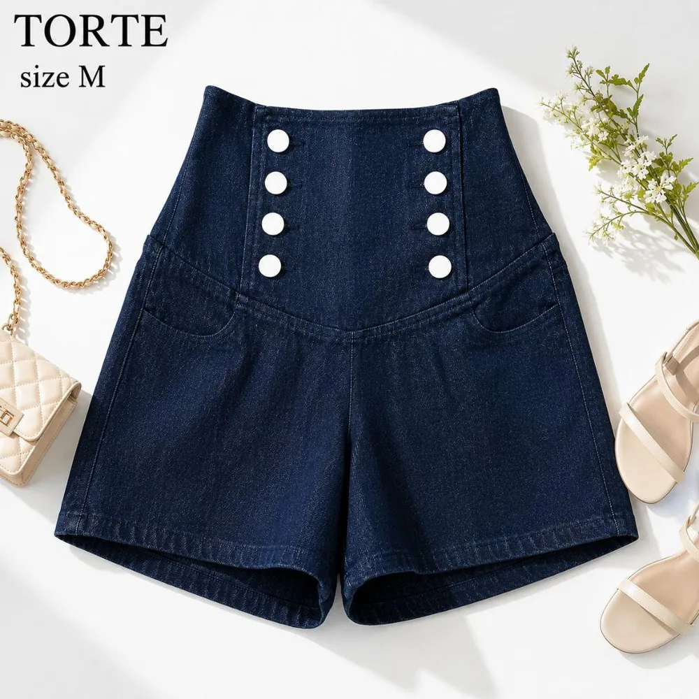 【新品タグ付】トルテ ハイウエスト デニム ショートパンツ 美脚 インディゴ M