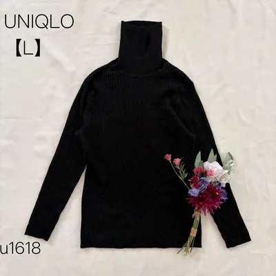 ユニクロ UNIQLO タートルネック リブニット 長袖 ウール混 ブラック L