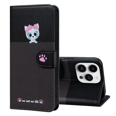 iphone11手帳柄猫ケース 黒+グレーおしゃれ