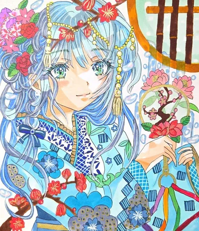 手描き オリジナルイラスト 中色紙 女の子 アナログイラスト 着物 水 花 和物