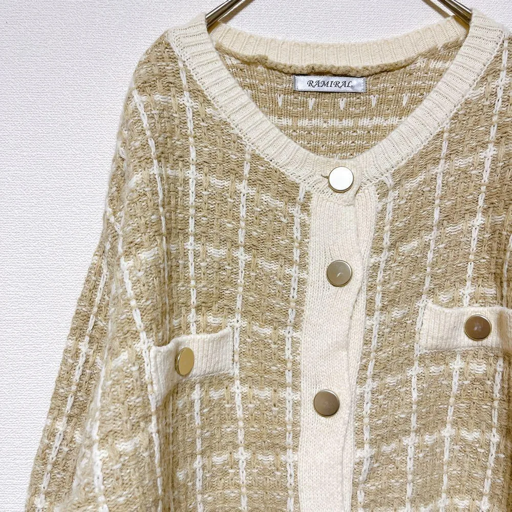 美品◆ラミラル カーディガン Vネック 長袖 格子 ニット 38 茶 白 デート