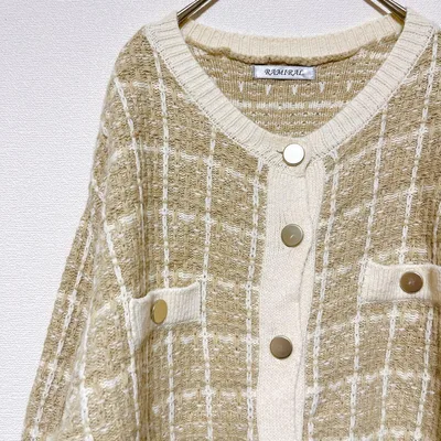 美品◆ラミラル カーディガン Vネック 長袖 格子 ニット 38 茶 白 デート