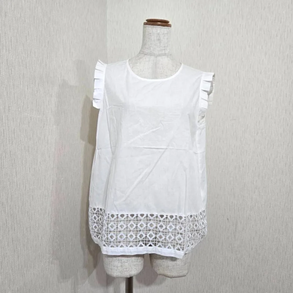 ZARA BASIC バックオープンレースブラウス ホワイト ノースリーブ(L)