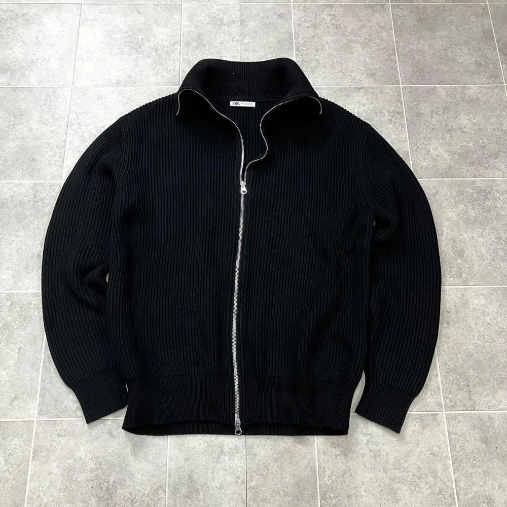 ZARA ダブルジップ ドライバーズニット 黒 L ウール混 リブ編み