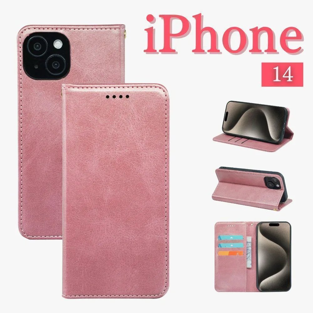 iPhone14ケース 手帳型 スマホケース スタンド機能 カード収納 ピンク