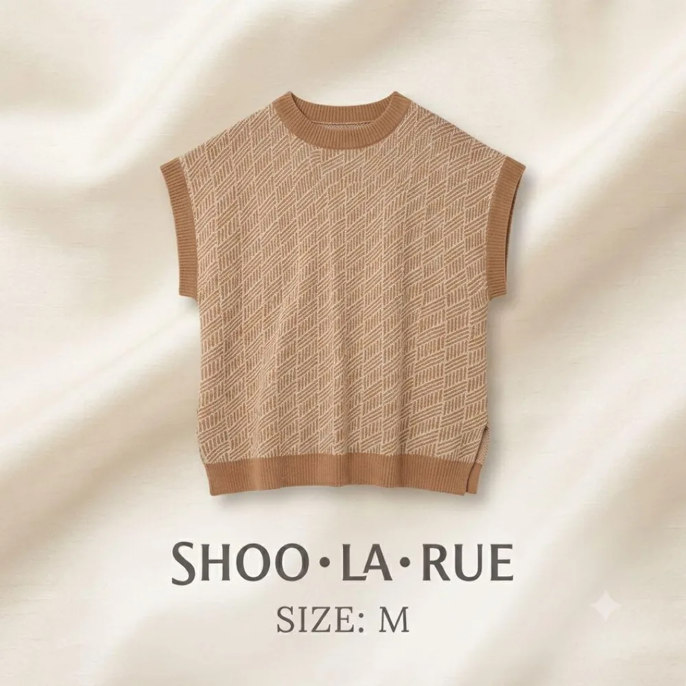 SHOO・LA・RUE 幾何学柄 ニットベスト サイドスリット 総柄 ブラウン茶