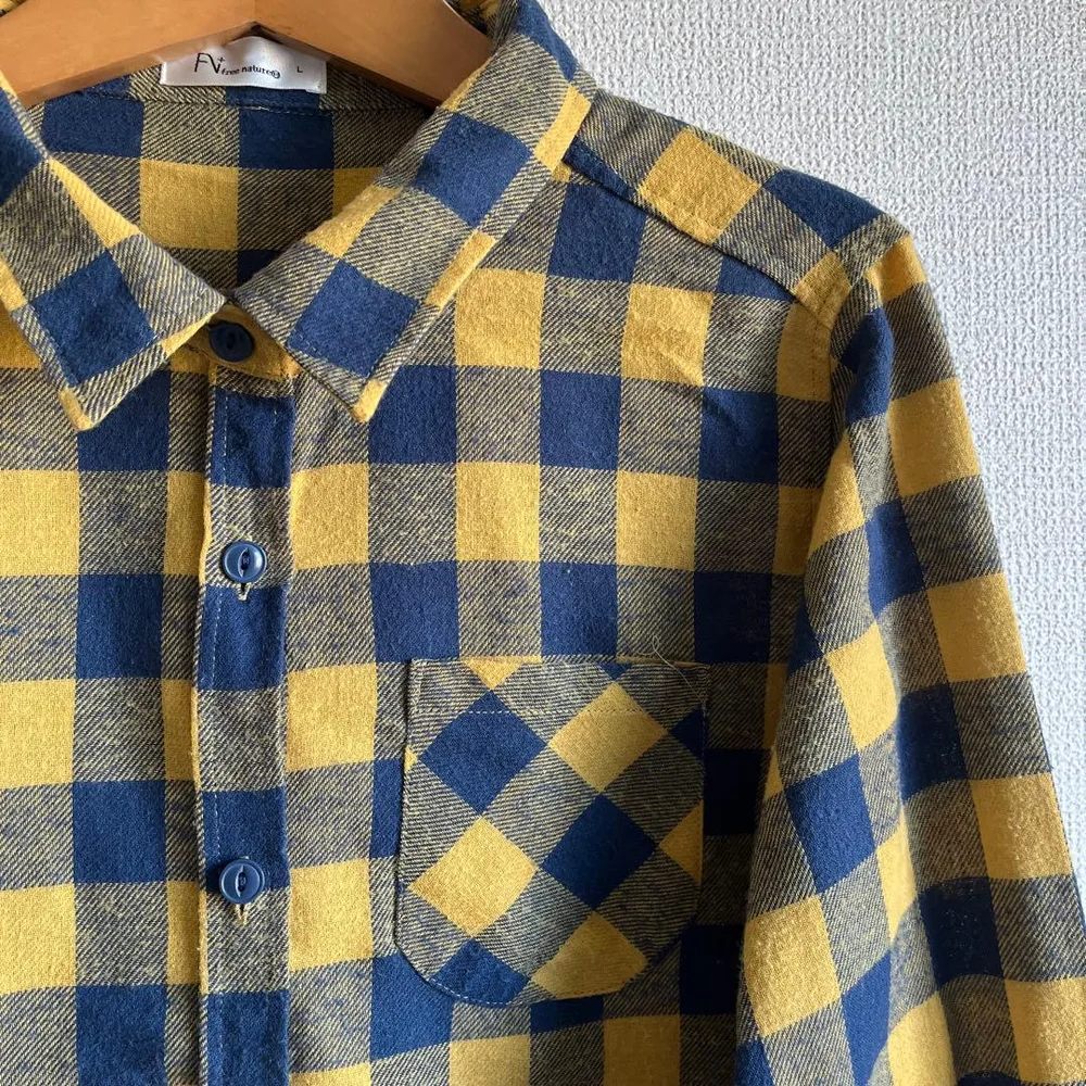 free nature チェック柄 長袖ネルシャツ イエロー×ネイビー L