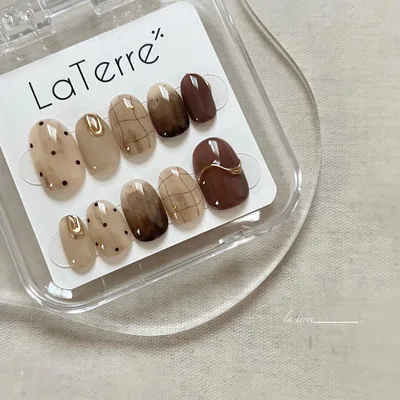 【現品発送M】ニュアンスネイル ブラウン ドット カフェラテ ミラー チェック