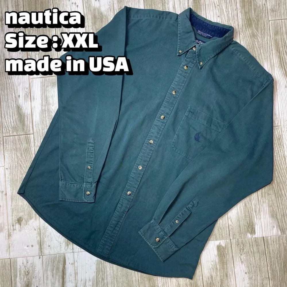 【希少】nautica ノーティカ 90S 長袖 BD シャツ グリーンUSA製