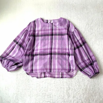 フェリシモ チェック ブラウス 紫 M シアー ボリューム袖 長袖 上品