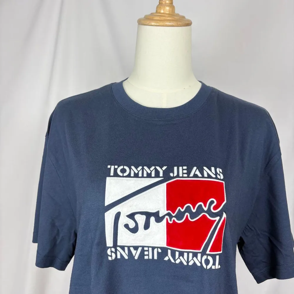 TOMMY JEANS 半袖Tシャツ ネイビー ロゴ刺繍 M ロング丈 メンズ