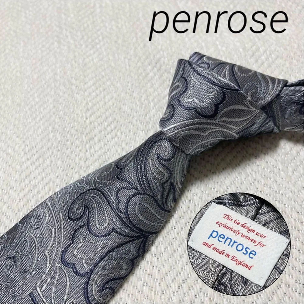 極美品 penrose シルクネクタイ ペイズリー ジャガード シルバー