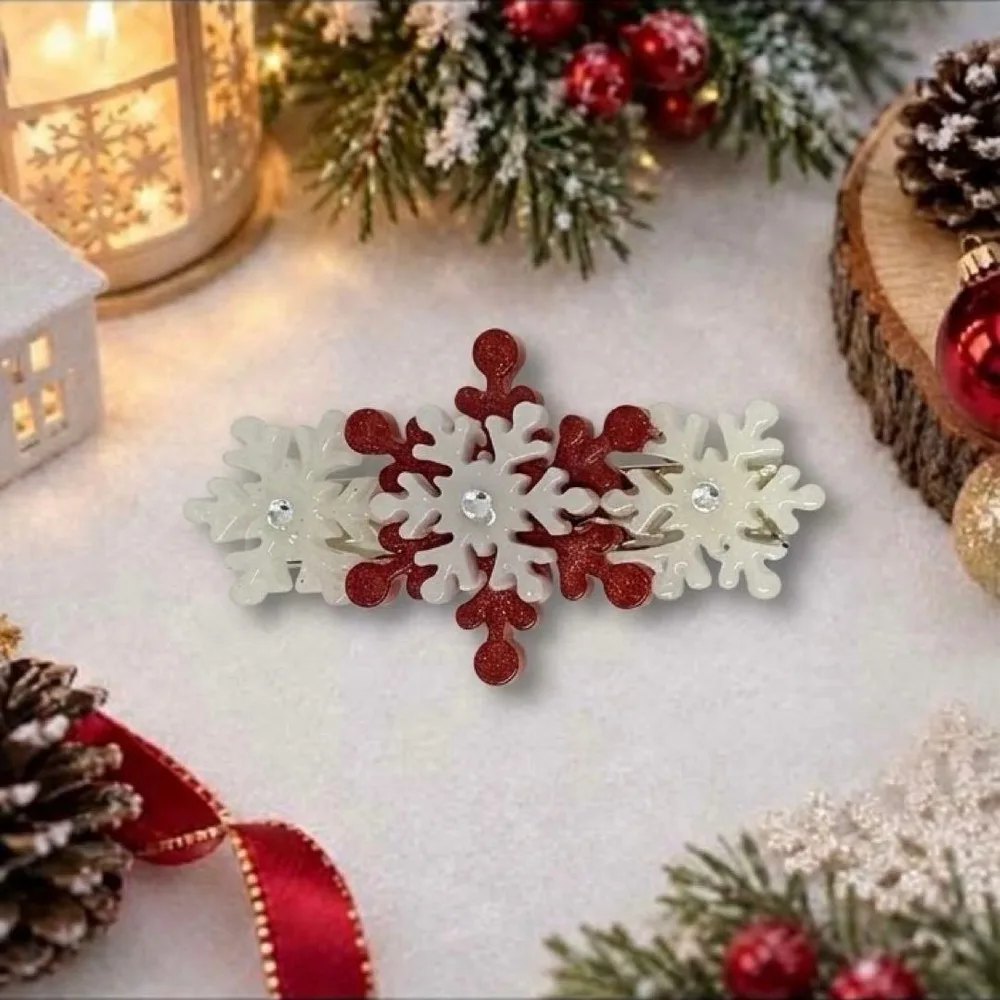 クリスマス 雪の結晶 ヘアクリップ レッド ホワイト 冬