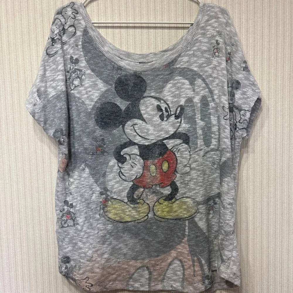 ディズニー サマーニット ラウンドネック ミッキーマウス 1X 灰 混紡
